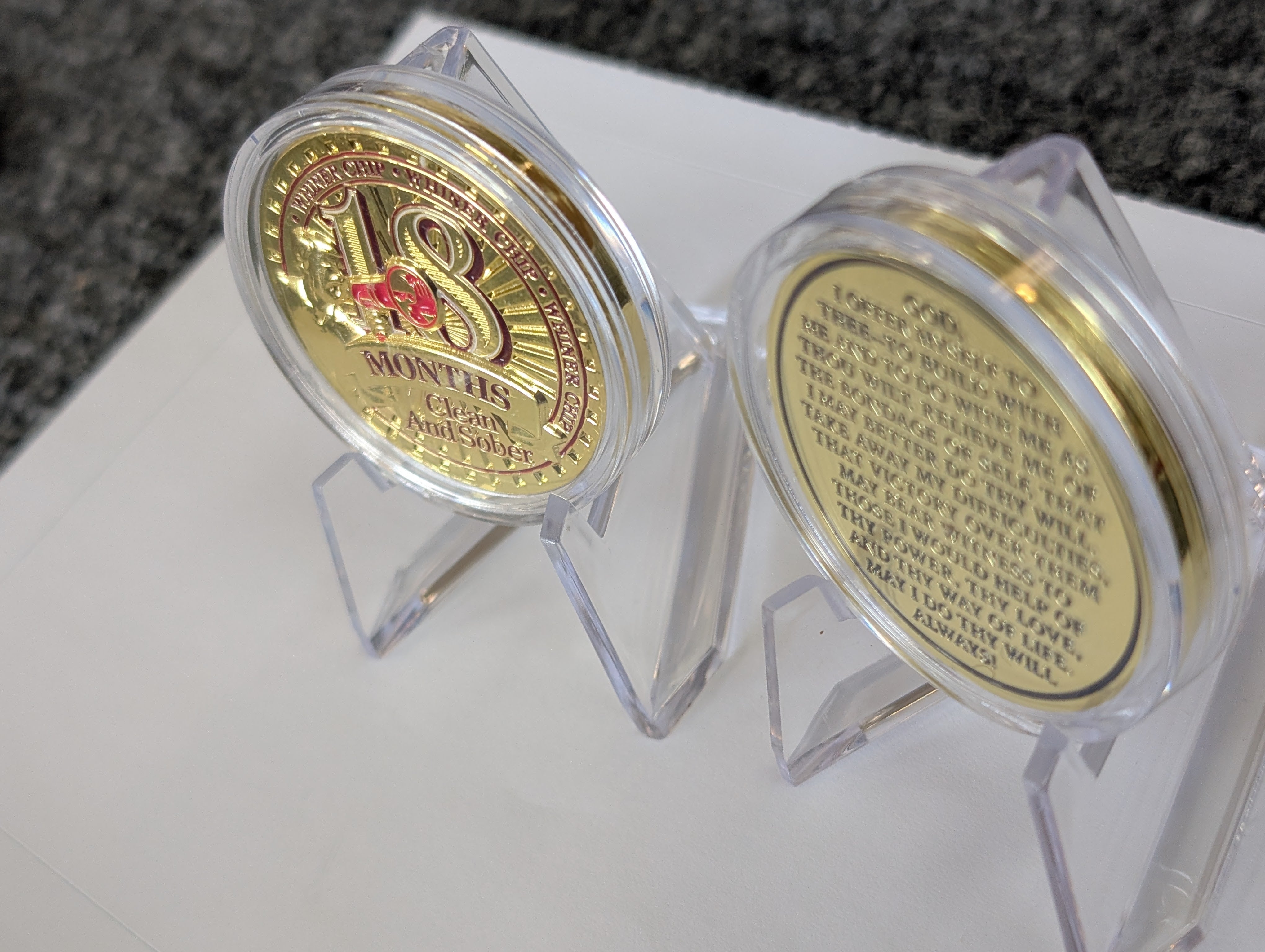 18 Month Whiner Medallion Unique Sobriety Gift 18 Months Clean and Sober Chip with Coin Capsule. Heavy Metal coin See Video