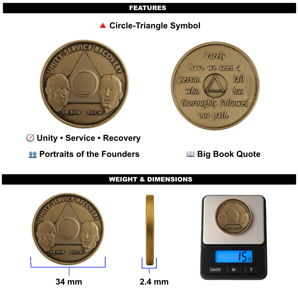AA Founders Bronze Sobriety Coin – Engraved Year | Dr. Bob & Bill W. | Unity, Service, Recovery