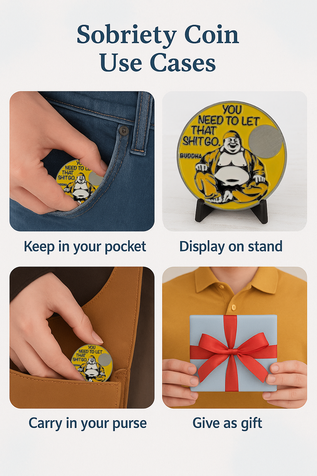 Buddha Sobriety Coin – "You Need to Let That Sh*t Go" | Engraved Year Front + Choice of Quote or Custom Back | Recovery Gift, Mindfulness Token