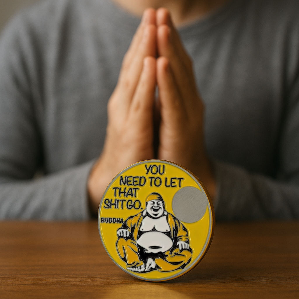 Buddha Sobriety Coin – "You Need to Let That Sh*t Go" | Engraved Year Front + Choice of Quote or Custom Back | Recovery Gift, Mindfulness Token