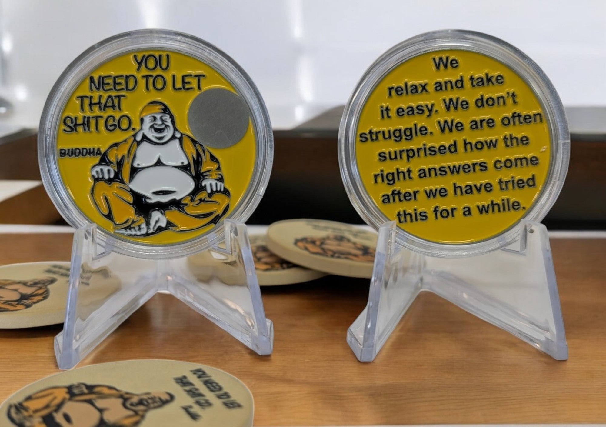 Buddha Sobriety Coin – "You Need to Let That Sh*t Go" | Engraved Year Front + Choice of Quote or Custom Back | Recovery Gift, Mindfulness Token