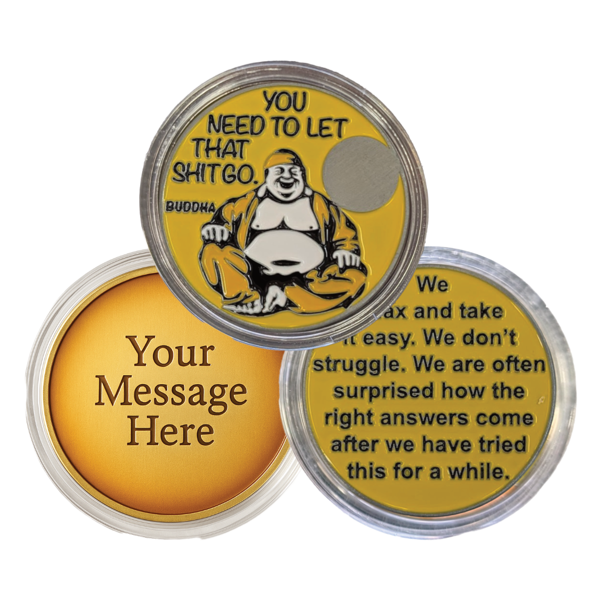Buddha Sobriety Coin – "You Need to Let That Sh*t Go" | Engraved Year Front + Choice of Quote or Custom Back | Recovery Gift, Mindfulness Token