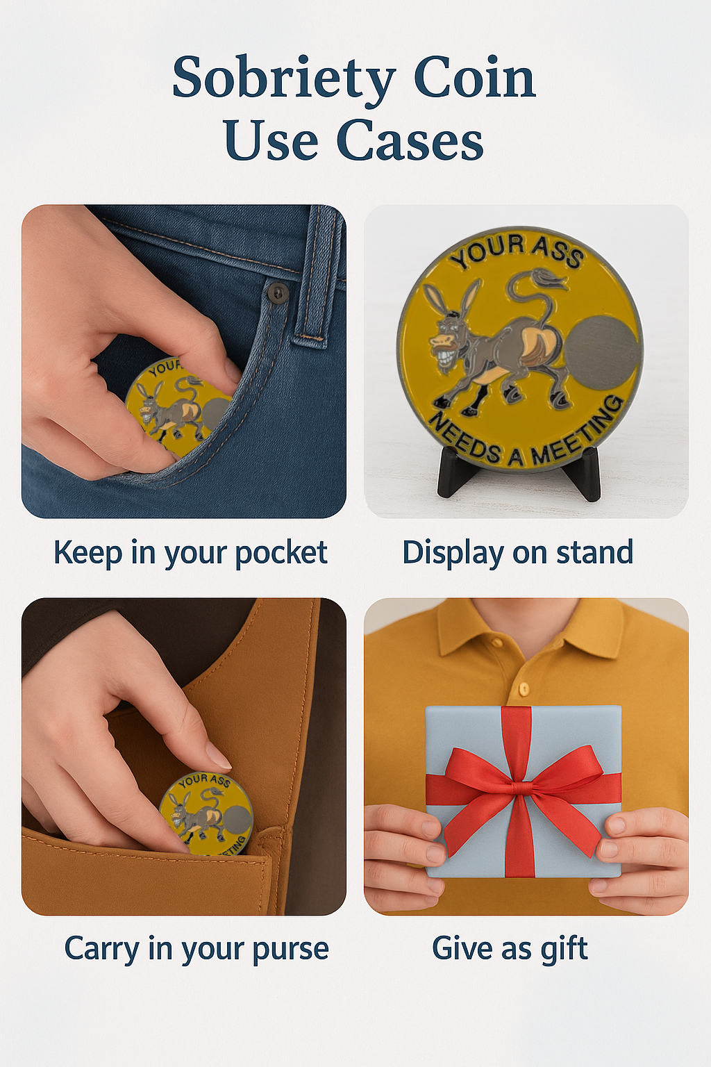 Donkey Sobriety Coin – "Your Ass Needs a Meeting" | Engraved Year Front + Choice of Quote or Custom Back | AA NA Recovery Gift, Sober Token