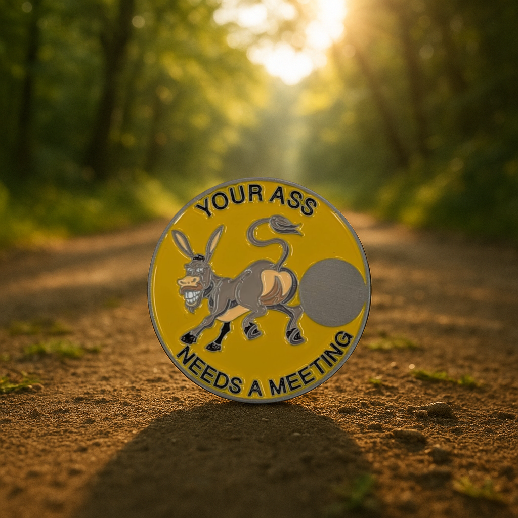 Donkey Sobriety Coin – "Your Ass Needs a Meeting" | Engraved Year Front + Choice of Quote or Custom Back | AA NA Recovery Gift, Sober Token