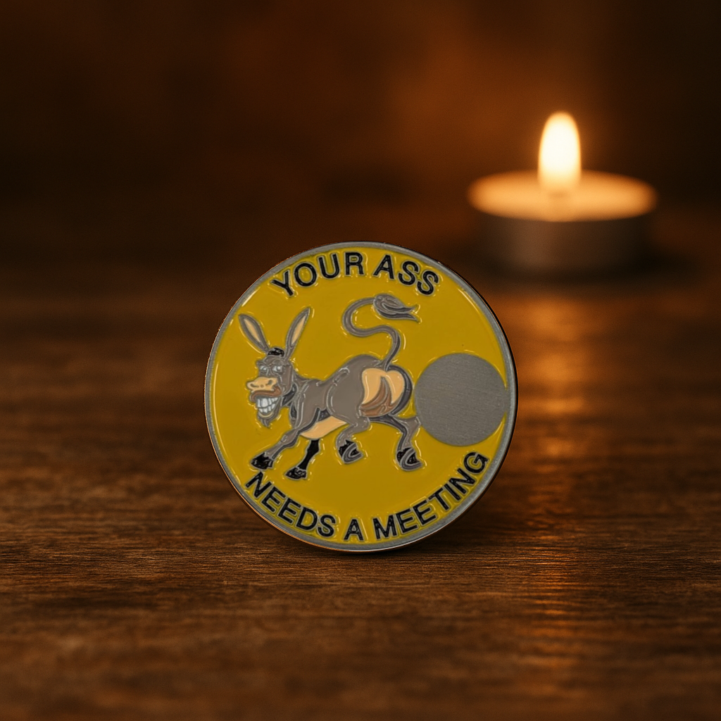 Donkey Sobriety Coin – "Your Ass Needs a Meeting" | Engraved Year Front + Choice of Quote or Custom Back | AA NA Recovery Gift, Sober Token