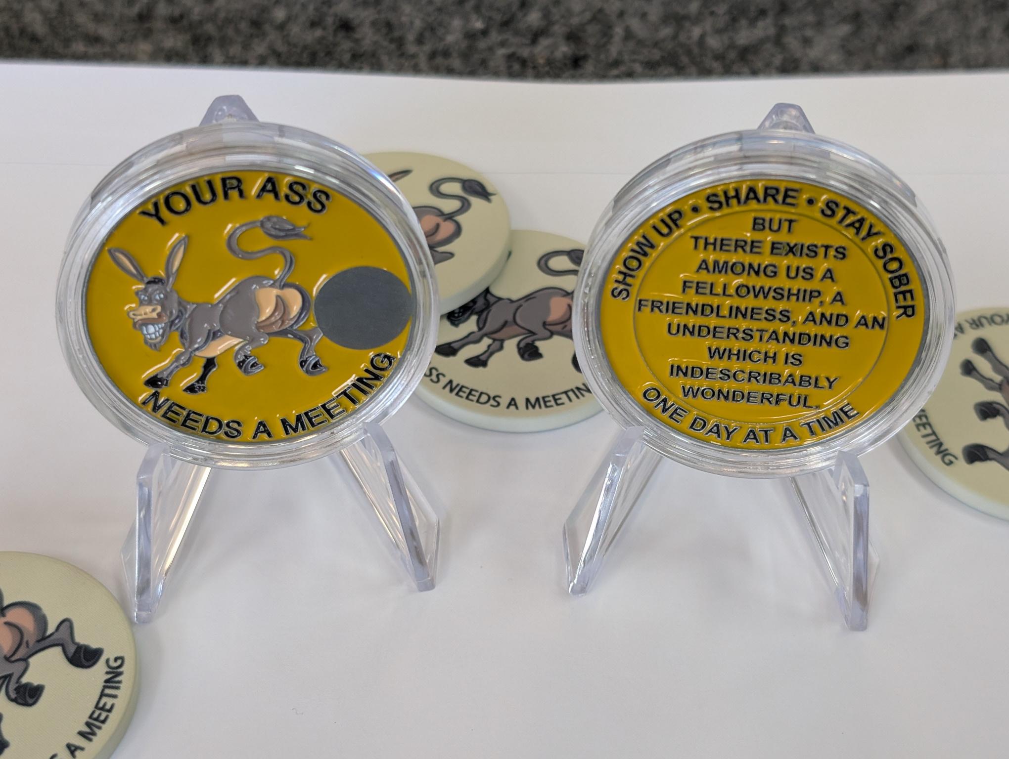 Donkey Sobriety Coin – "Your Ass Needs a Meeting" | Engraved Year Front + Choice of Quote or Custom Back | AA NA Recovery Gift, Sober Token