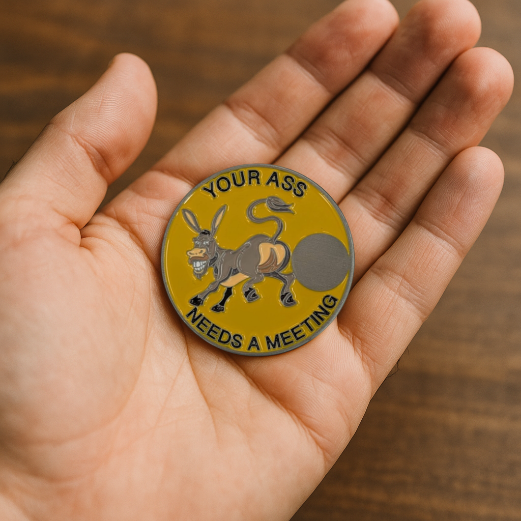Donkey Sobriety Coin – "Your Ass Needs a Meeting" | Engraved Year Front + Choice of Quote or Custom Back | AA NA Recovery Gift, Sober Token