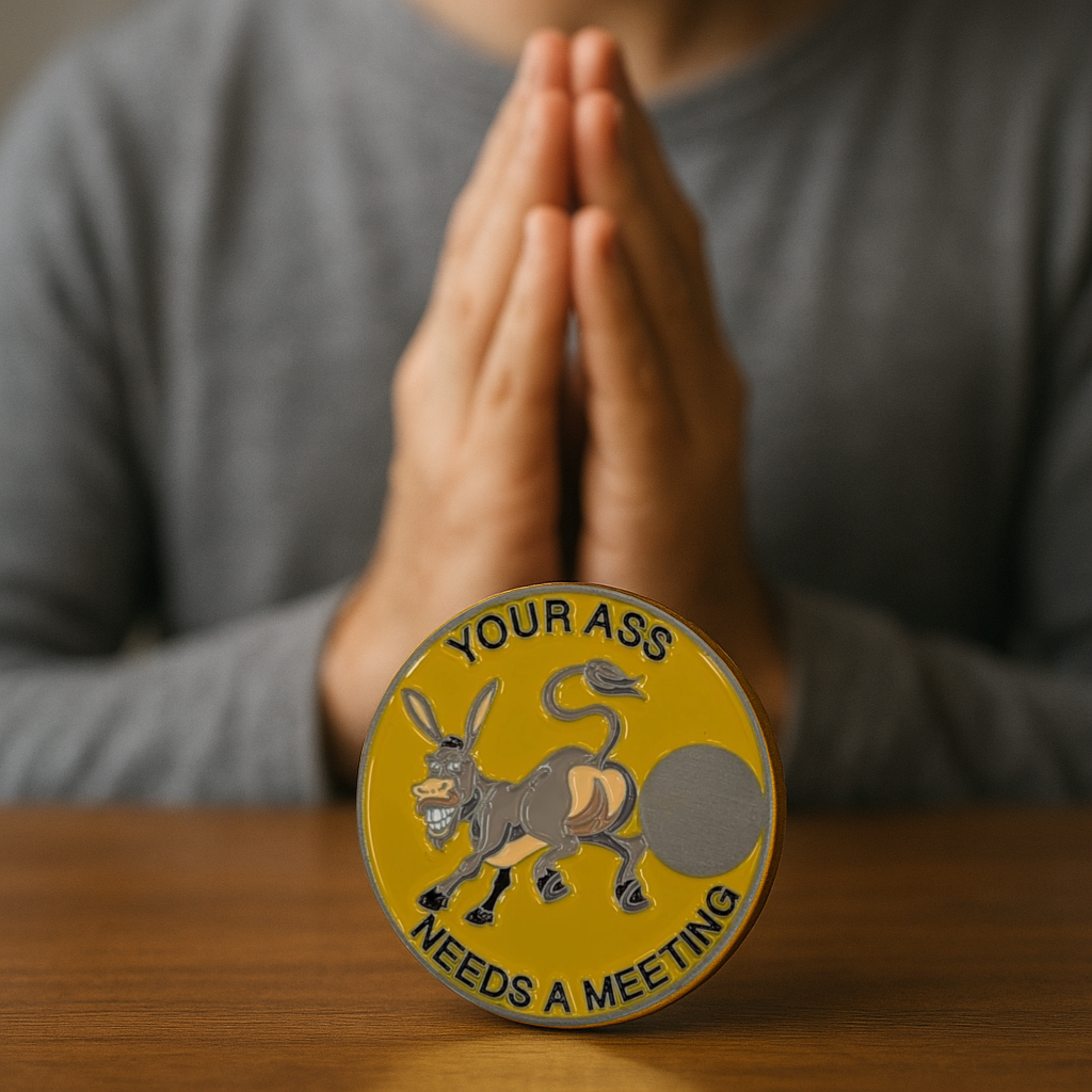 Donkey Sobriety Coin – "Your Ass Needs a Meeting" | Engraved Year Front + Choice of Quote or Custom Back | AA NA Recovery Gift, Sober Token