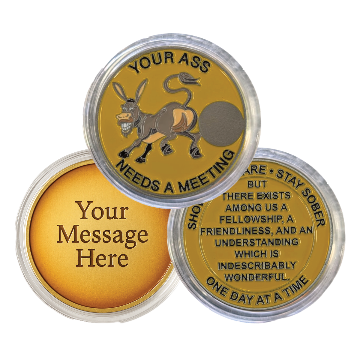 Donkey Sobriety Coin – "Your Ass Needs a Meeting" | Engraved Year Front + Choice of Quote or Custom Back | AA NA Recovery Gift, Sober Token