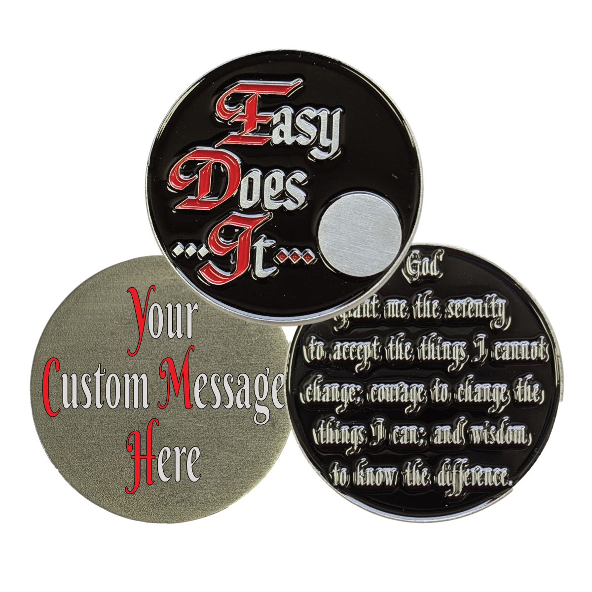 Easy Does It Sobriety Coin – AA Slogan with Optional Serenity Prayer or Custom Back