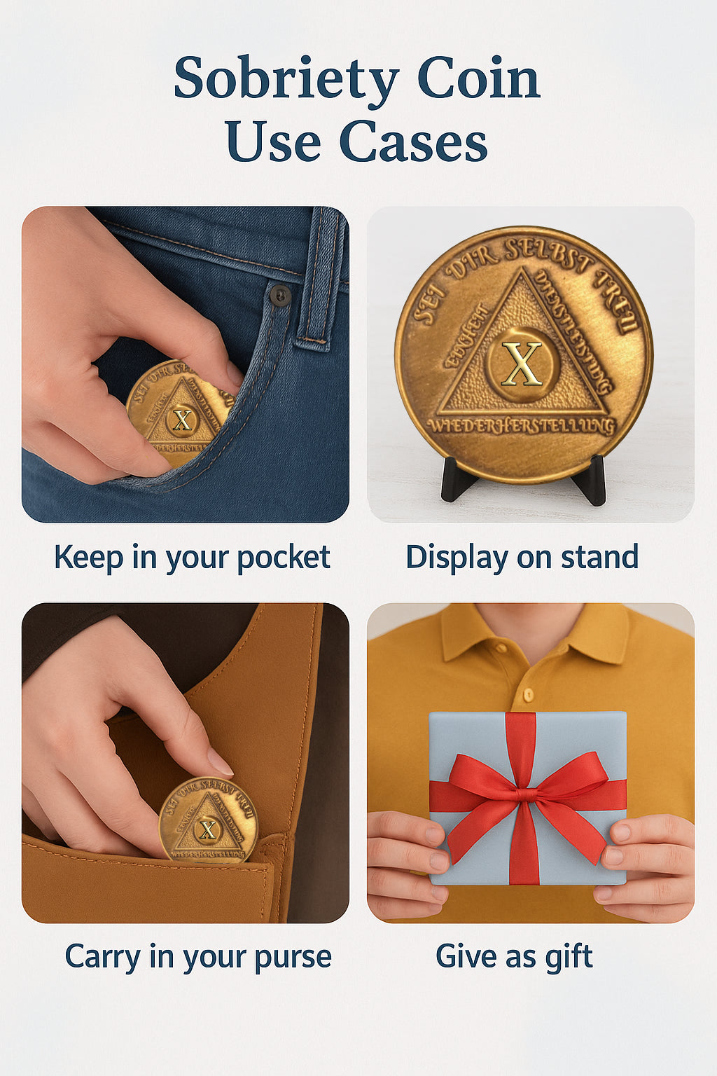 German Sobriety Coin | 1-60 Years Engraved in Traditional Numbers | AA Recovery Medallion