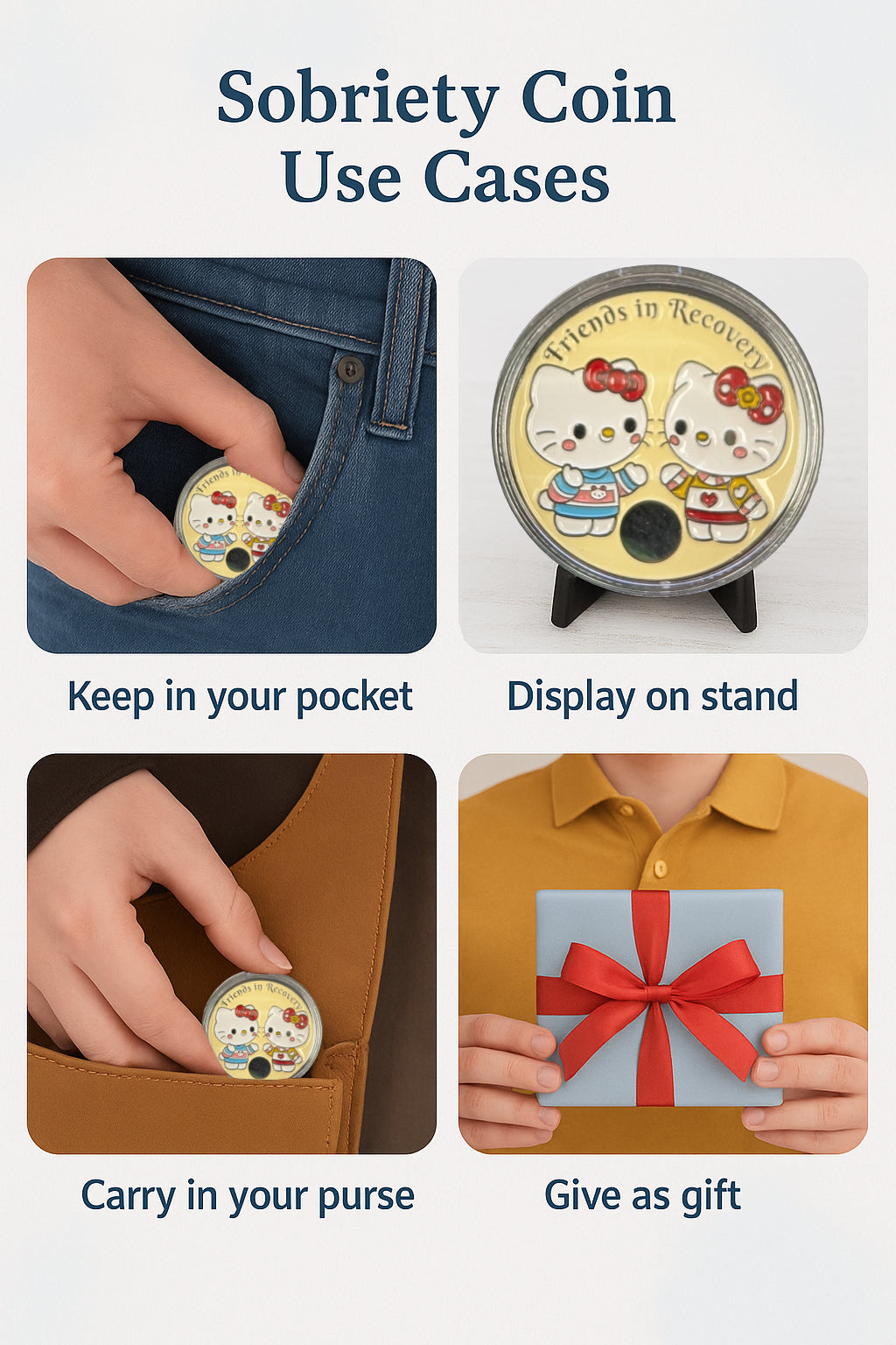 Hello Kitty-Style Friends in Recovery AA Coin – Custom Engraving Available on Back