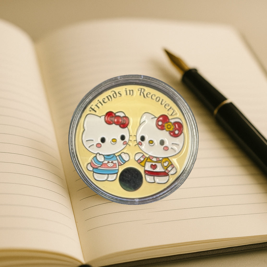 Hello Kitty-Style Friends in Recovery AA Coin – Custom Engraving Available on Back