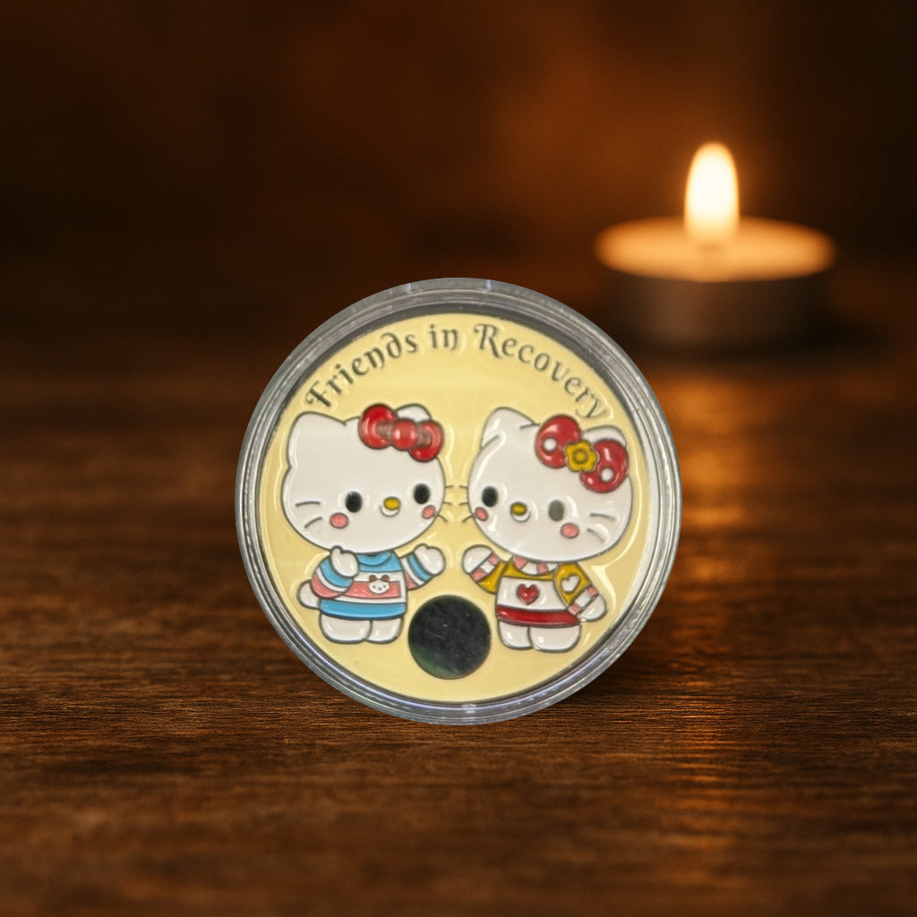 Hello Kitty-Style Friends in Recovery AA Coin – Custom Engraving Available on Back