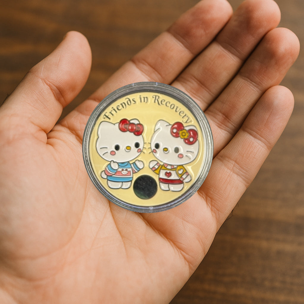 Hello Kitty-Style Friends in Recovery AA Coin – Custom Engraving Available on Back