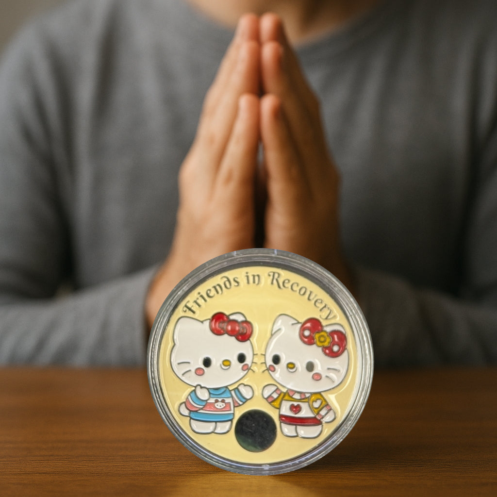 Hello Kitty-Style Friends in Recovery AA Coin – Custom Engraving Available on Back