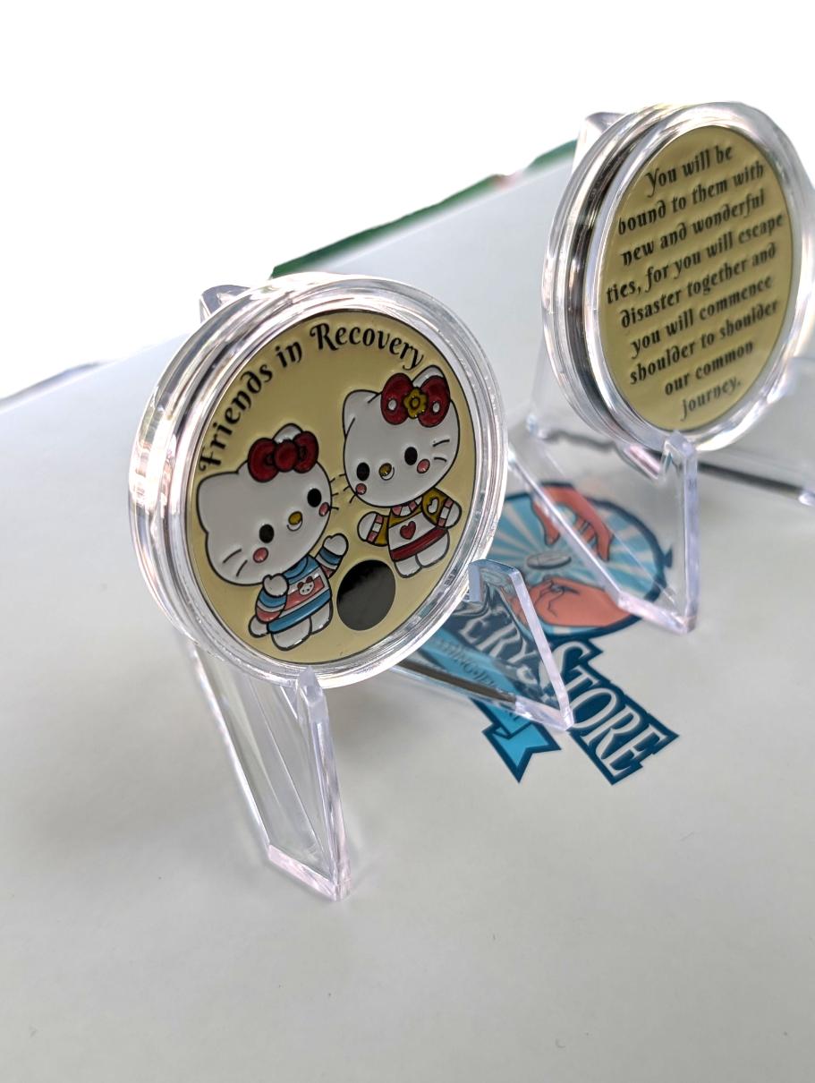 Hello Kitty-Style Friends in Recovery AA Coin – Custom Engraving Available on Back