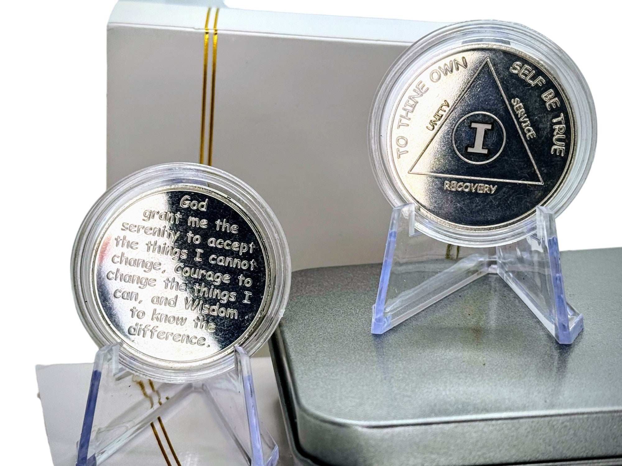 1 oz Silver AA Sobriety Coin – Custom Year Recovery Medallion with Serenity Prayer – Includes Gift Box & Display Stand