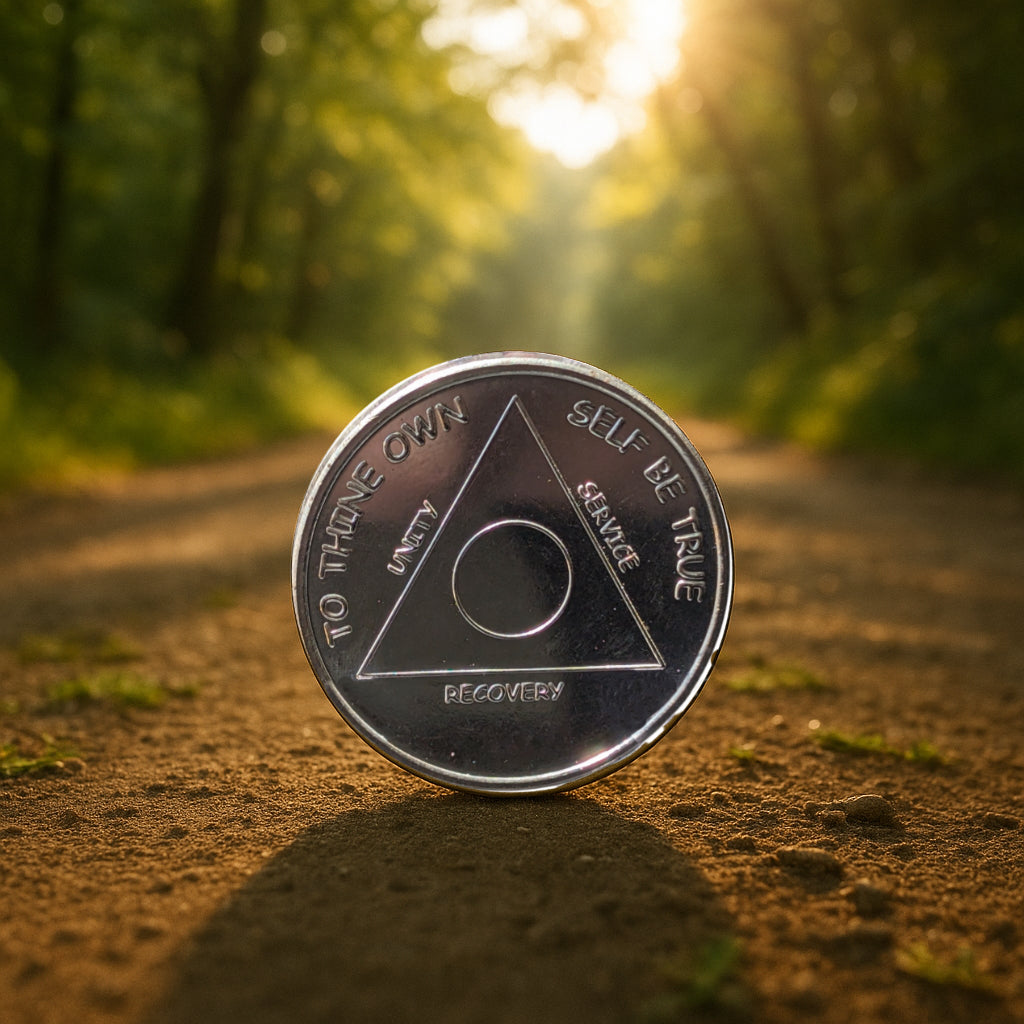 1 oz Silver AA Sobriety Coin – Custom Year Recovery Medallion with Serenity Prayer – Includes Gift Box & Display Stand