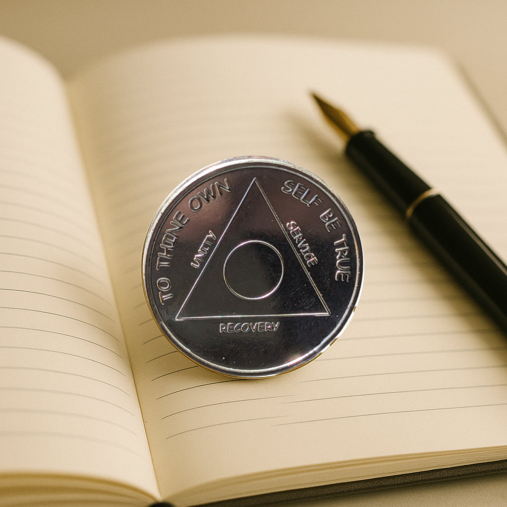 1 oz Silver AA Sobriety Coin – Custom Year Recovery Medallion with Serenity Prayer – Includes Gift Box & Display Stand