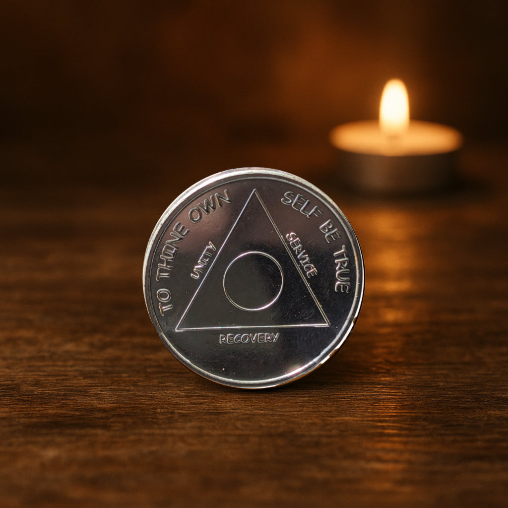 1 oz Silver AA Sobriety Coin – Custom Year Recovery Medallion with Serenity Prayer – Includes Gift Box & Display Stand