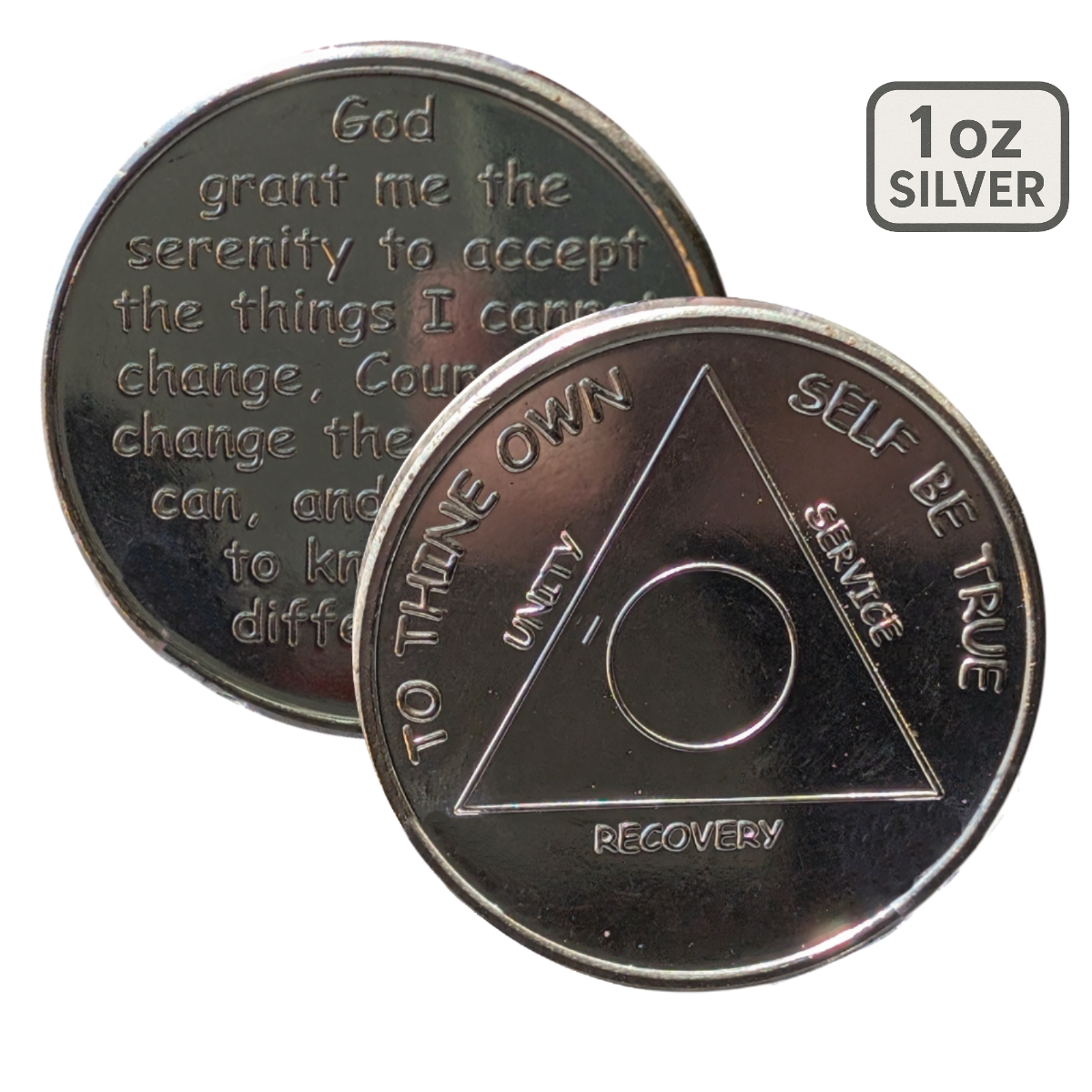 1 oz Silver AA Sobriety Coin – Custom Year Recovery Medallion with Serenity Prayer – Includes Gift Box & Display Stand