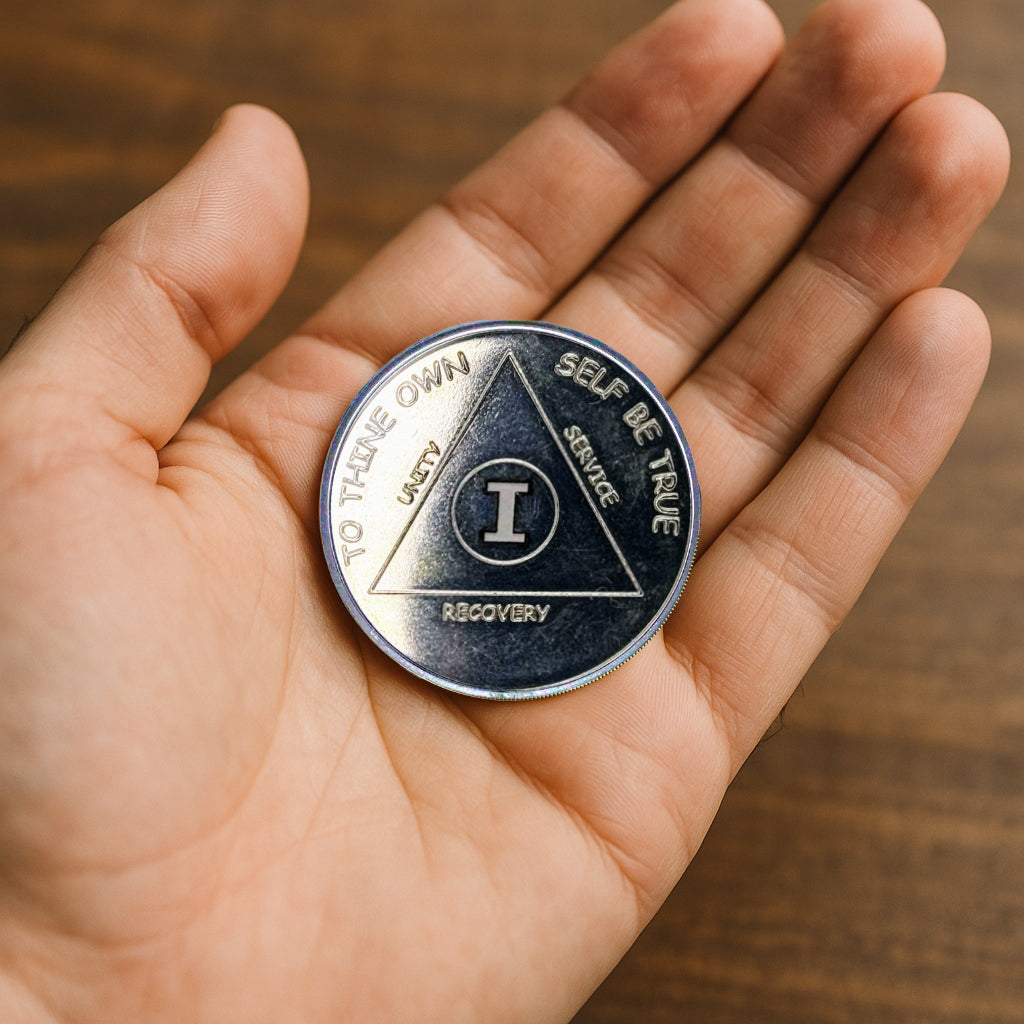 1 oz Silver AA Sobriety Coin – Custom Year Recovery Medallion with Serenity Prayer – Includes Gift Box & Display Stand