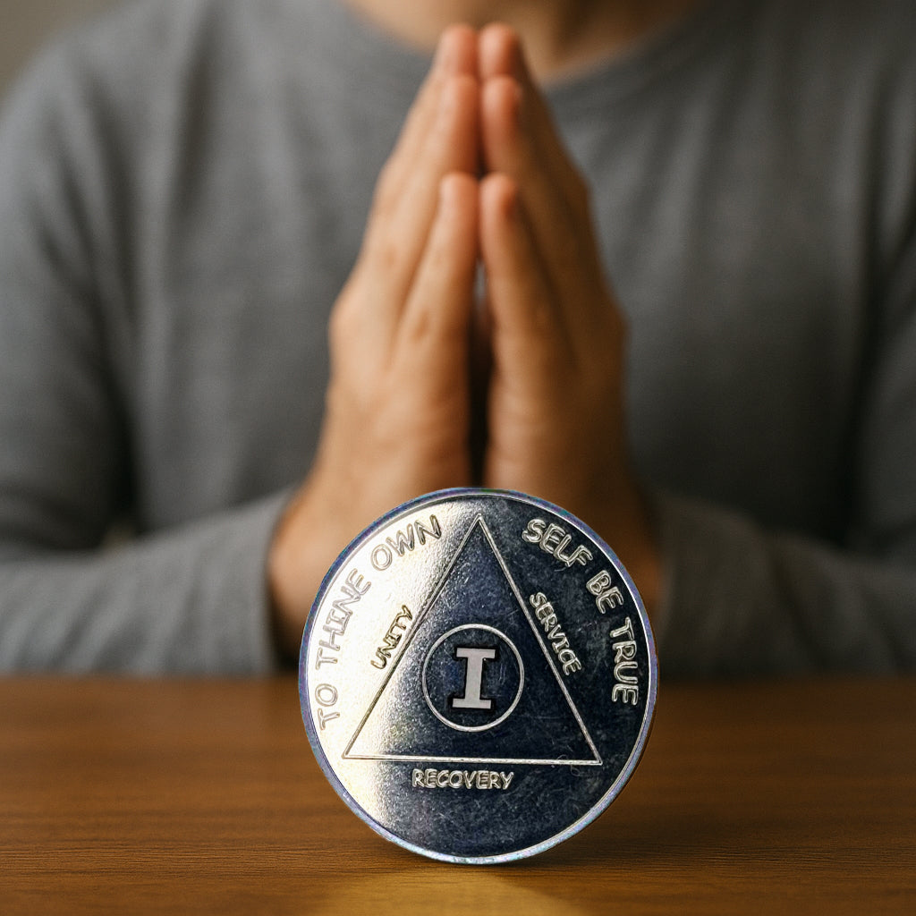 1 oz Silver AA Sobriety Coin – Custom Year Recovery Medallion with Serenity Prayer – Includes Gift Box & Display Stand