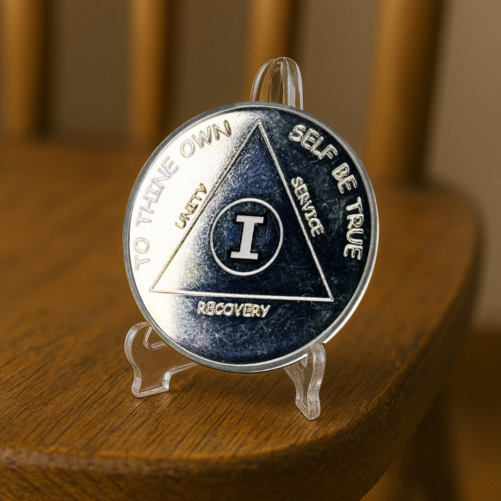 1 oz Silver AA Sobriety Coin – Custom Year Recovery Medallion with Serenity Prayer – Includes Gift Box & Display Stand