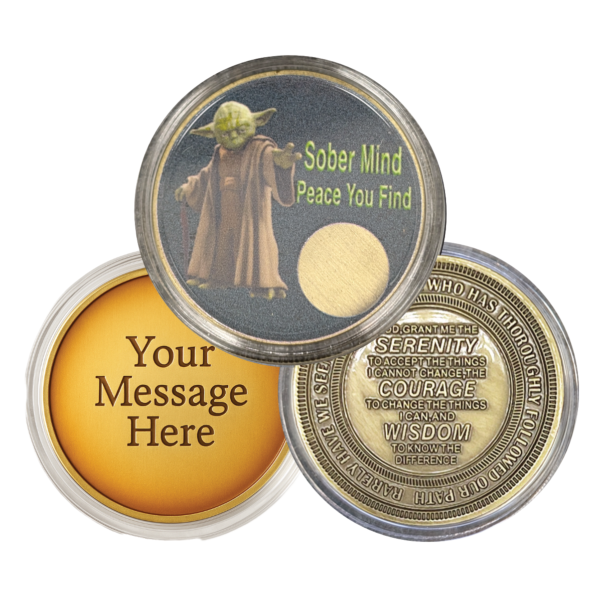 “Sober Mind Peace You Find” AA Sobriety Coin – Yoda-Inspired | Serenity Prayer or Custom Back