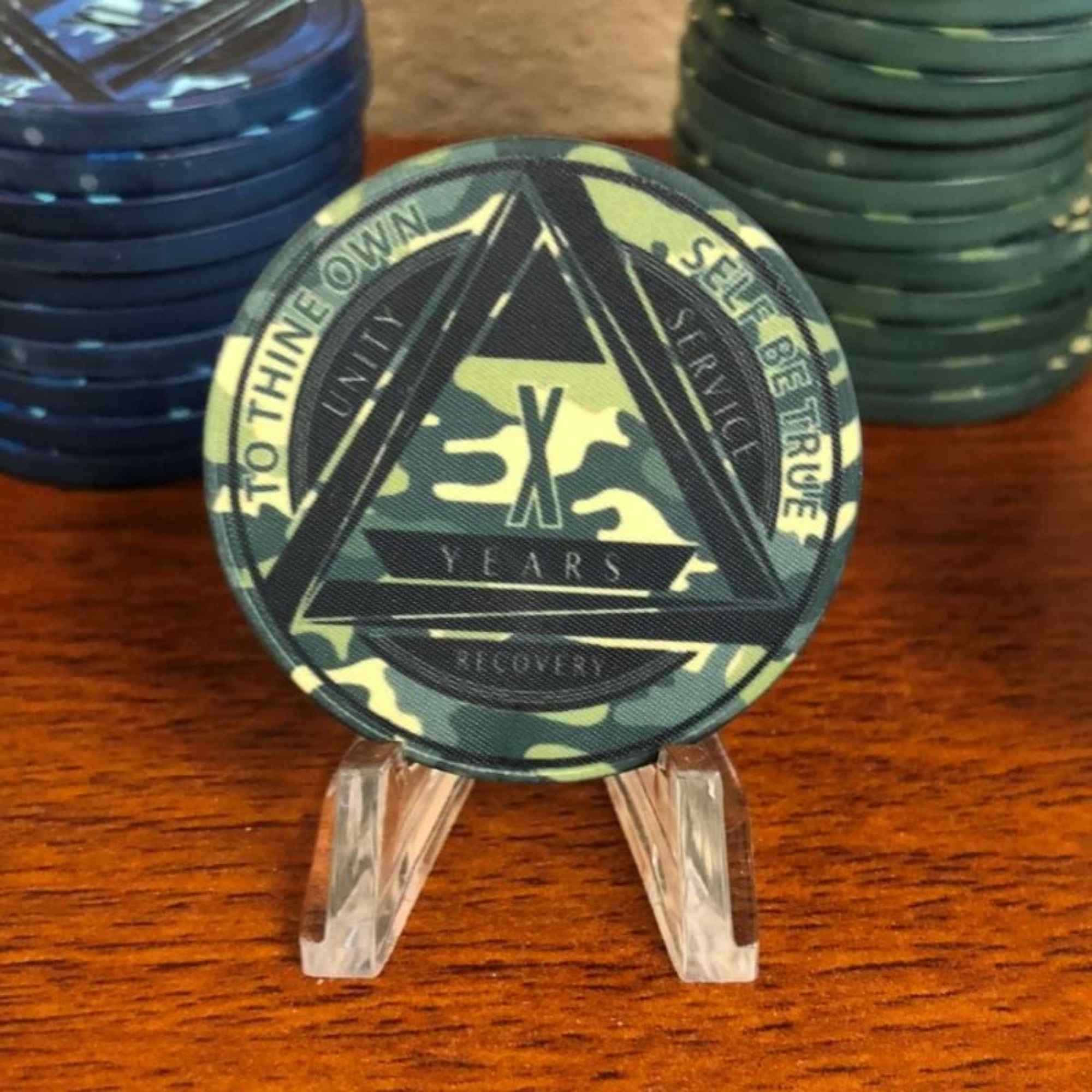 Green Camo AA Coin 1-50yrs Sobriety Chip