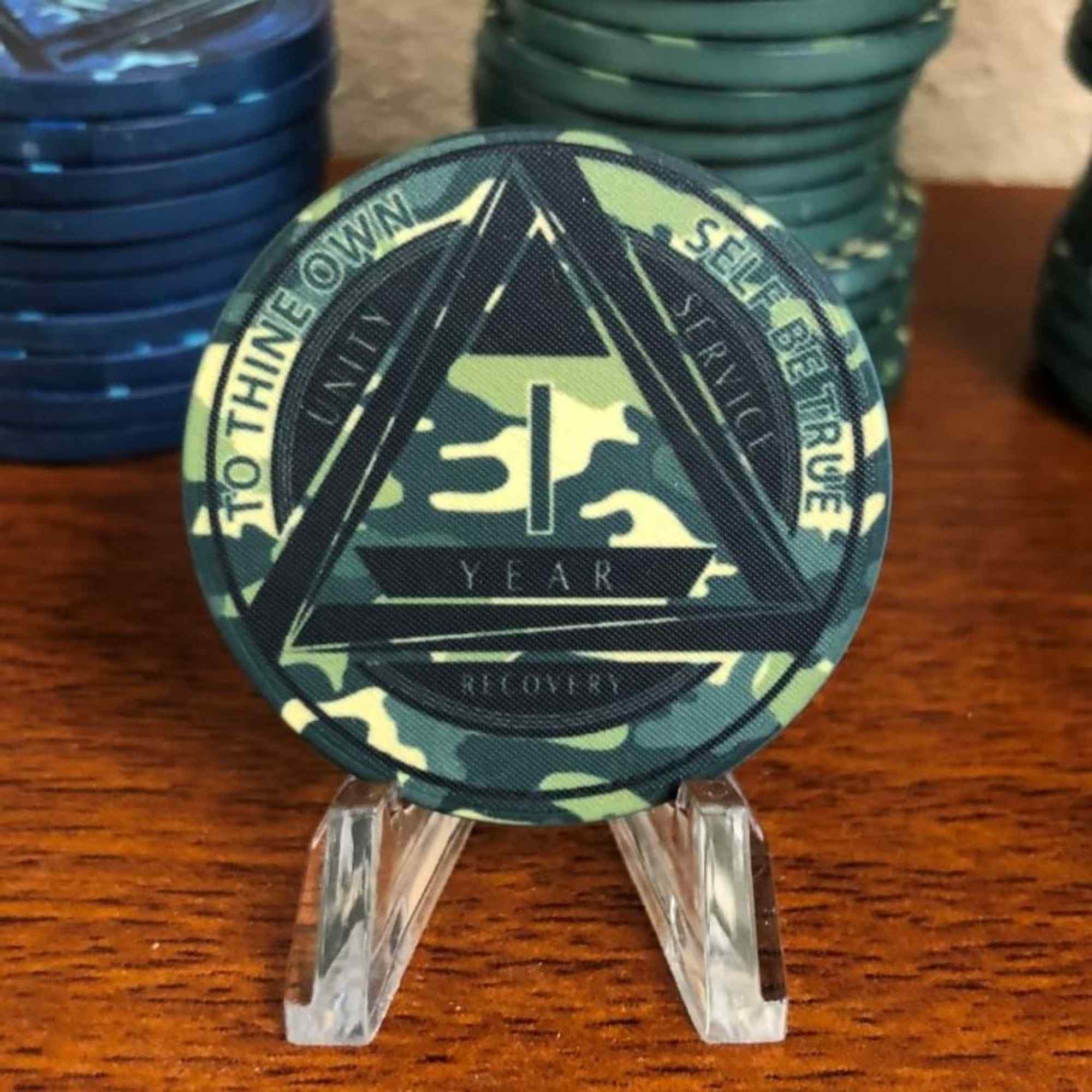 Green Camo AA Coin 1-50yrs Sobriety Chip