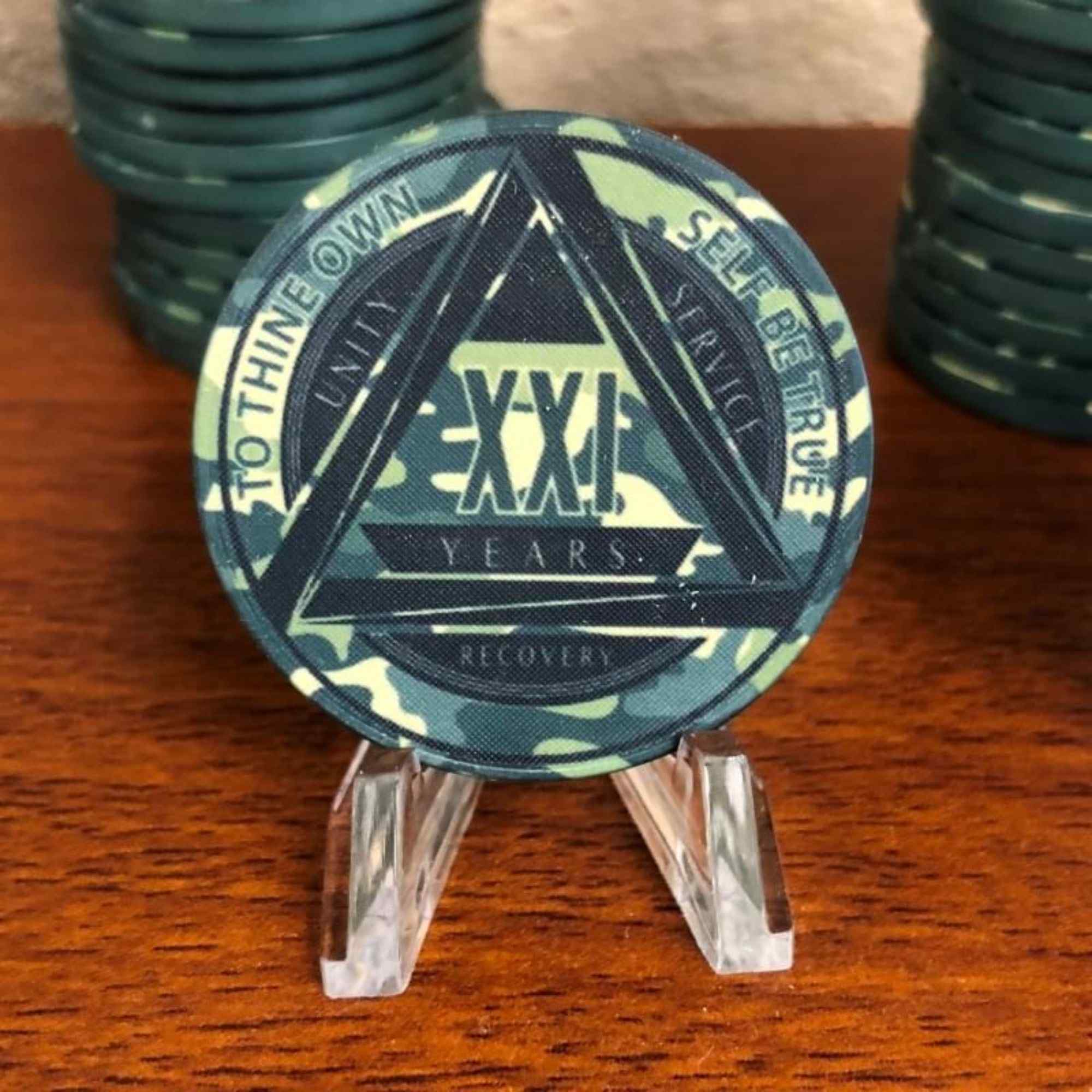 Green Camo AA Coin 1-50yrs Sobriety Chip
