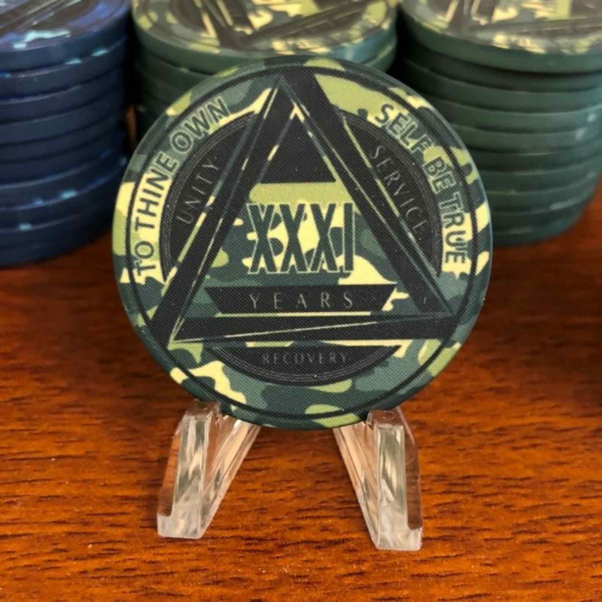 Green Camo AA Coin 1-50yrs Sobriety Chip