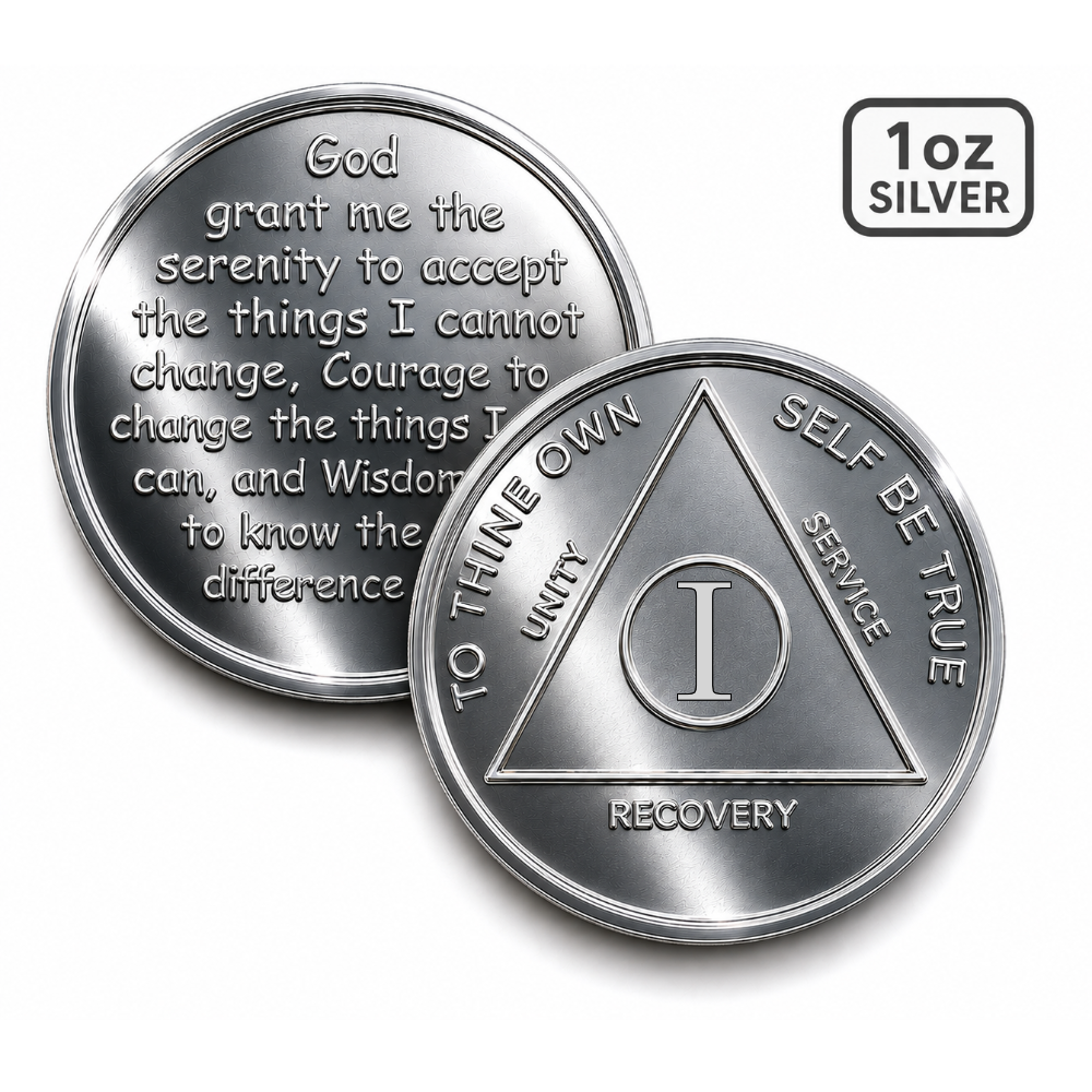 1 oz Silver AA Sobriety Coin – Custom Year Recovery Medallion with Serenity Prayer – Includes Gift Box & Display Stand