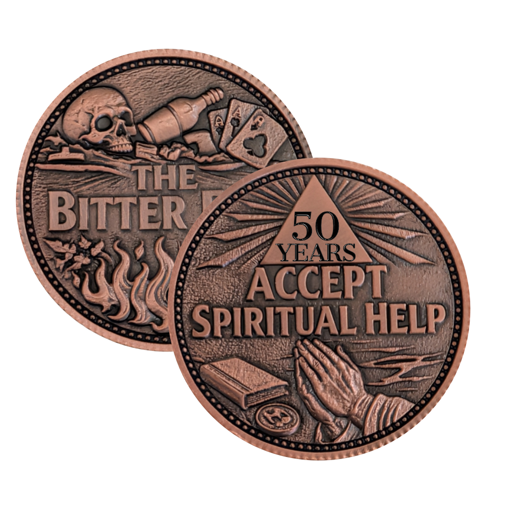AA Decision Coin – Bitter End vs Accept Spiritual Help – Custom Year Copper Sobriety Coin
