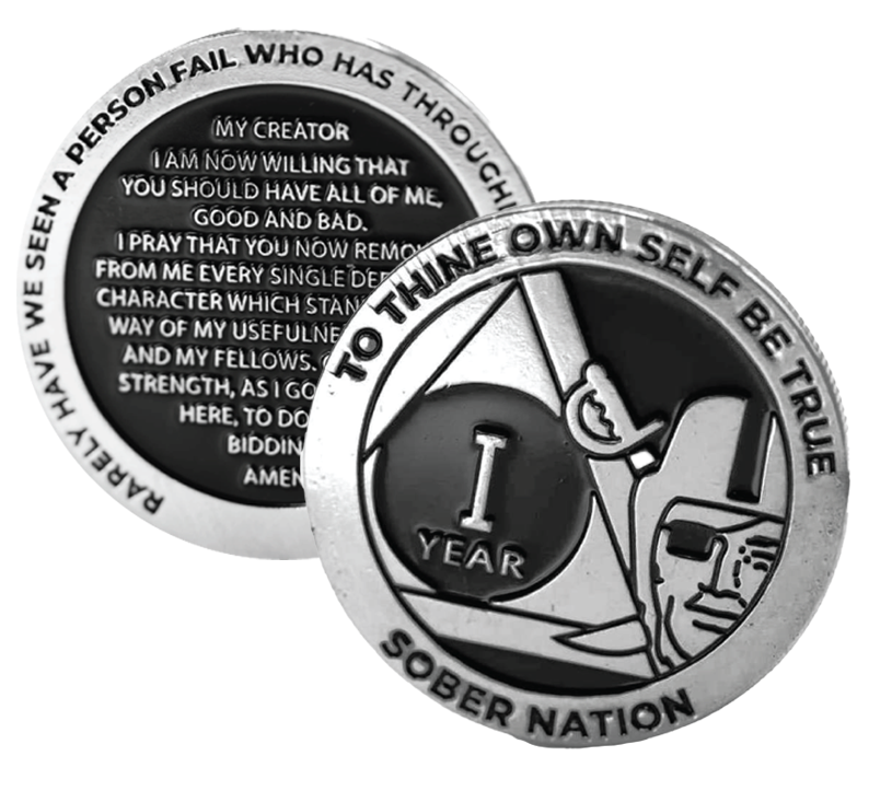 thumbnail image 2 of 1 Month Alcoholics Anonymous Medallion - White Gold Plated AA Sobriety Chip Coin (UK Made) 2 of 4
