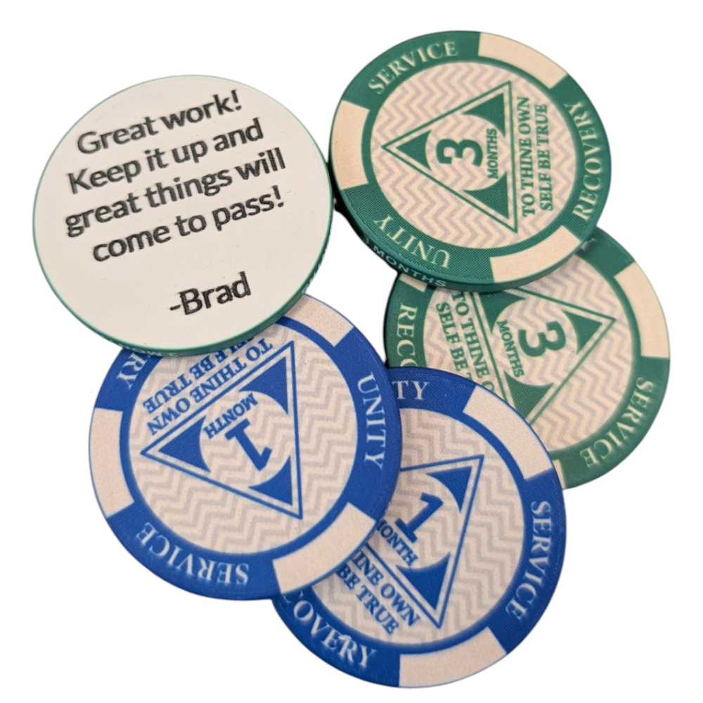 Personalized AA Sobriety Poker Chips – Monthly Recovery Chips with Custom Engraving  (Custom Message Option 24 Hours–11 Months)