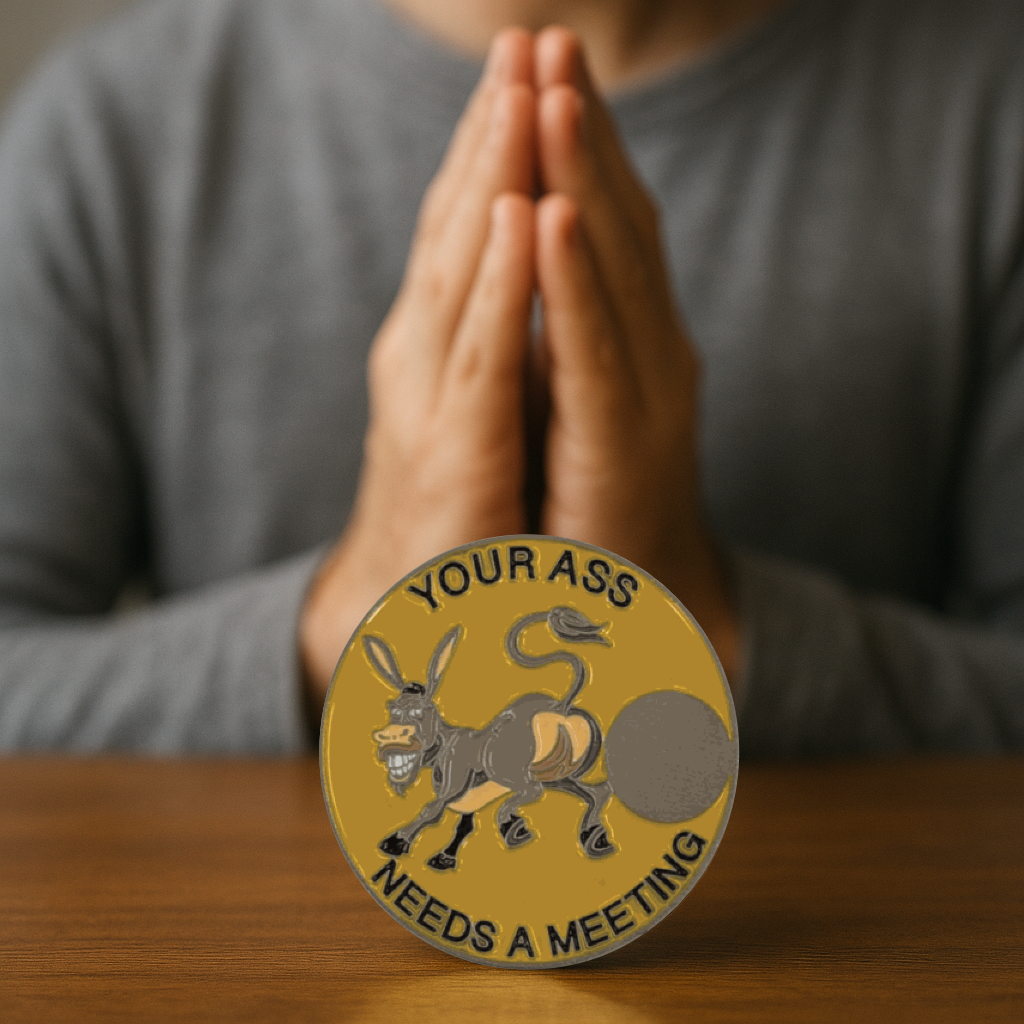 Donkey Sobriety Coin – "Your Ass Needs a Meeting" | Engraved Year Front + Choice of Quote or Custom Back | AA NA Recovery Gift, Sober Token
