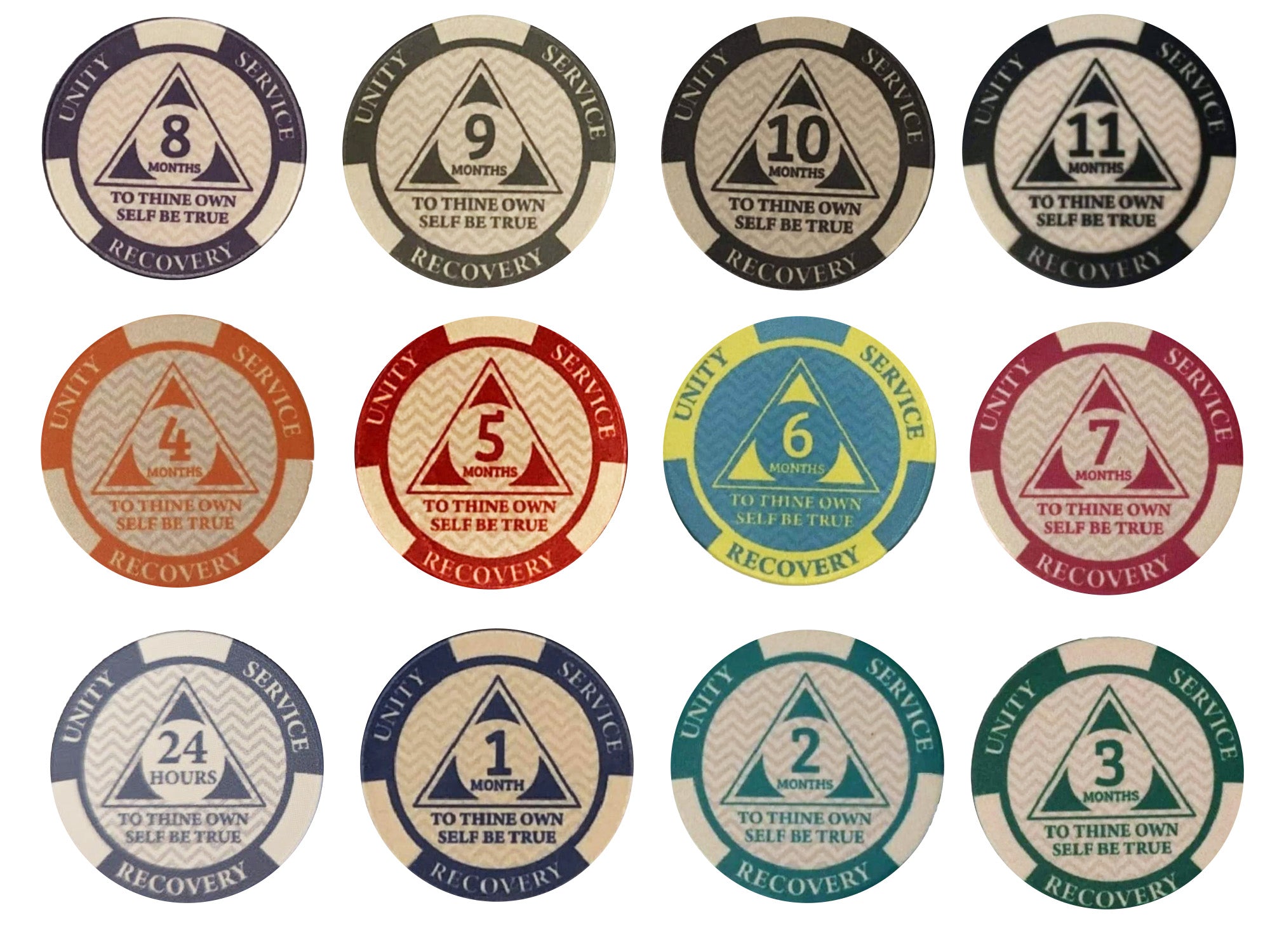 12-Pack AA Monthly Poker Chips: Celebrate Sobriety from 24 Hours to 11 Months