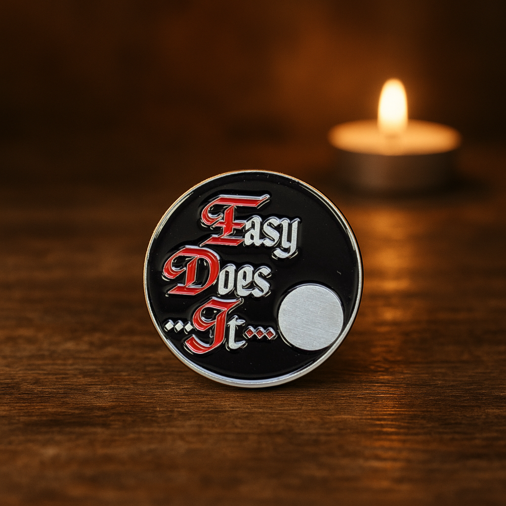 Easy Does It Sobriety Coin – AA Slogan with Optional Serenity Prayer or Custom Back
