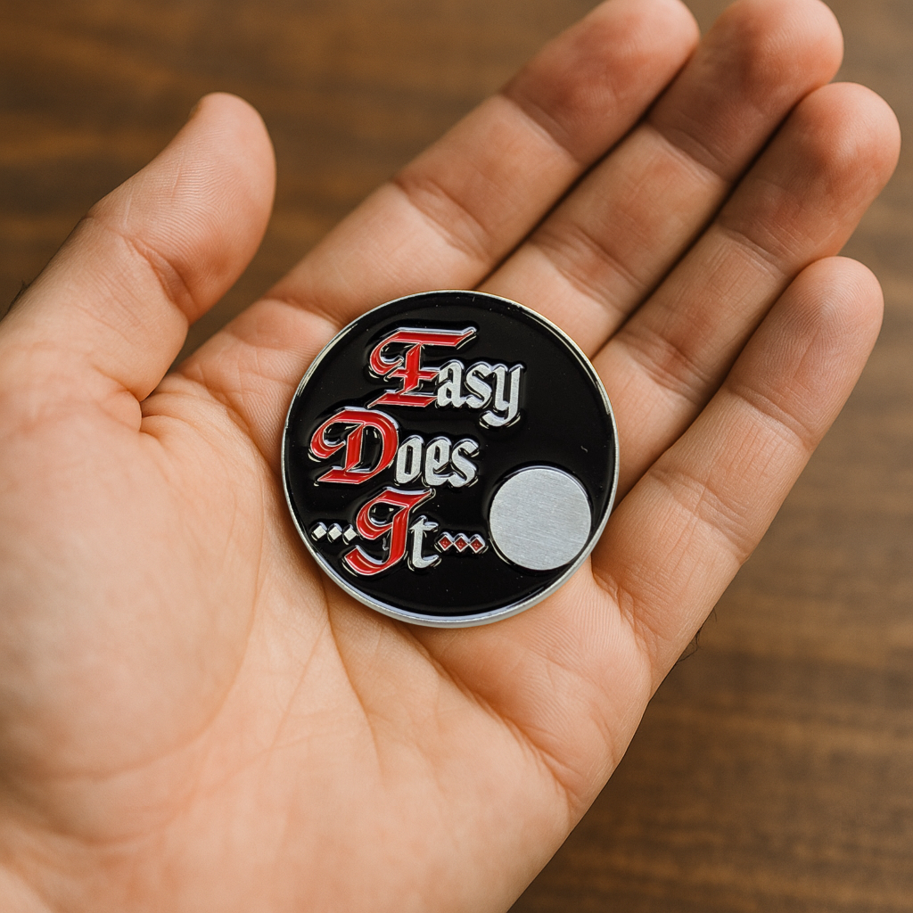Easy Does It Sobriety Coin – AA Slogan with Optional Serenity Prayer or Custom Back
