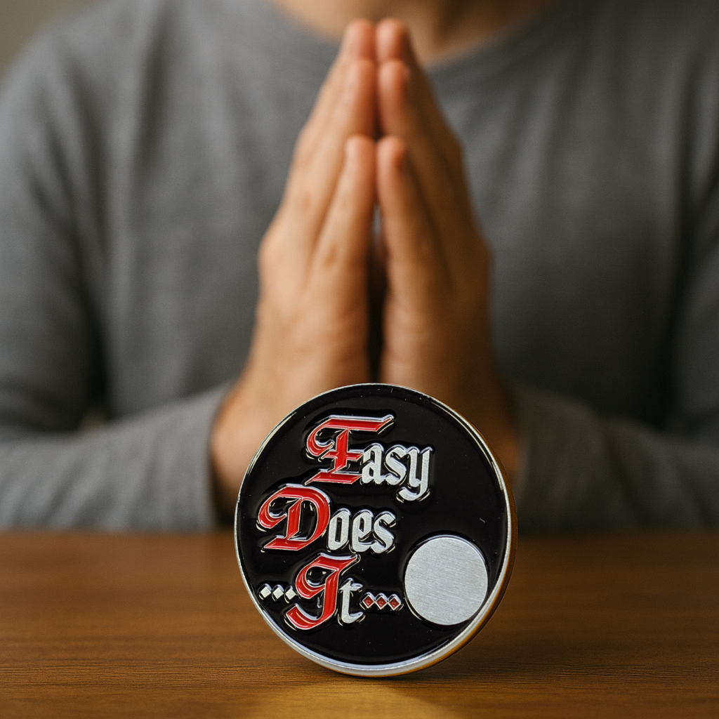 Easy Does It Sobriety Coin – AA Slogan with Optional Serenity Prayer or Custom Back