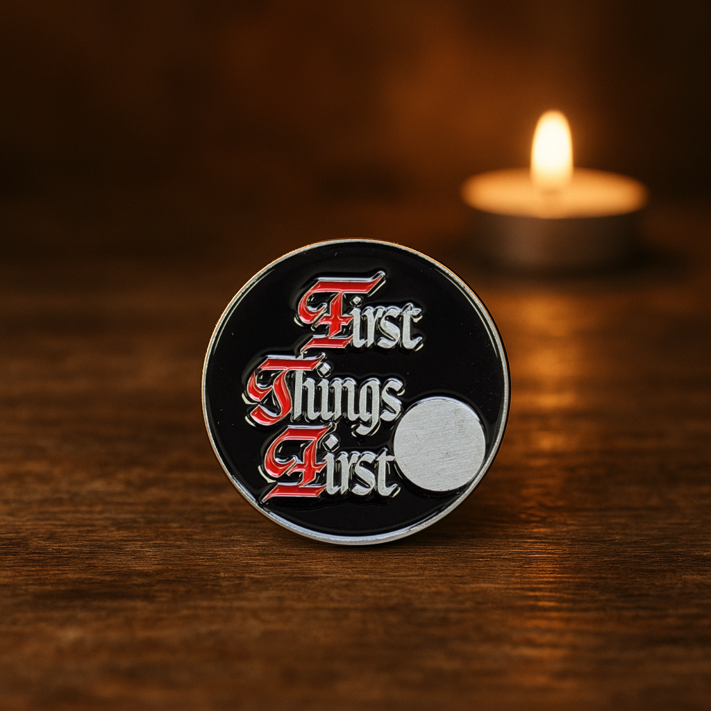 First Things First AA Slogan Recovery Coin – Sobriety Token with Serenity Prayer or Custom Back