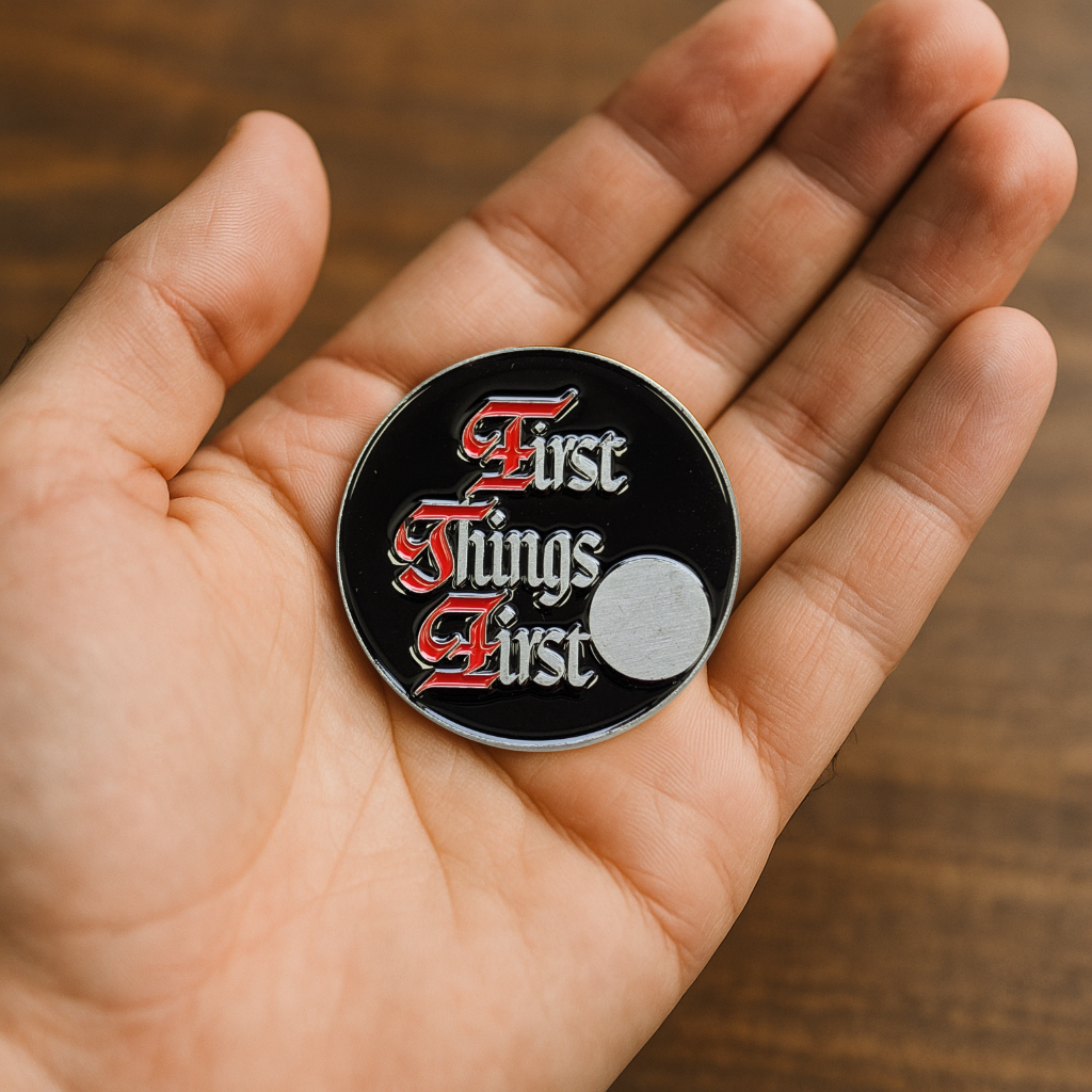 First Things First AA Slogan Recovery Coin – Sobriety Token with Serenity Prayer or Custom Back