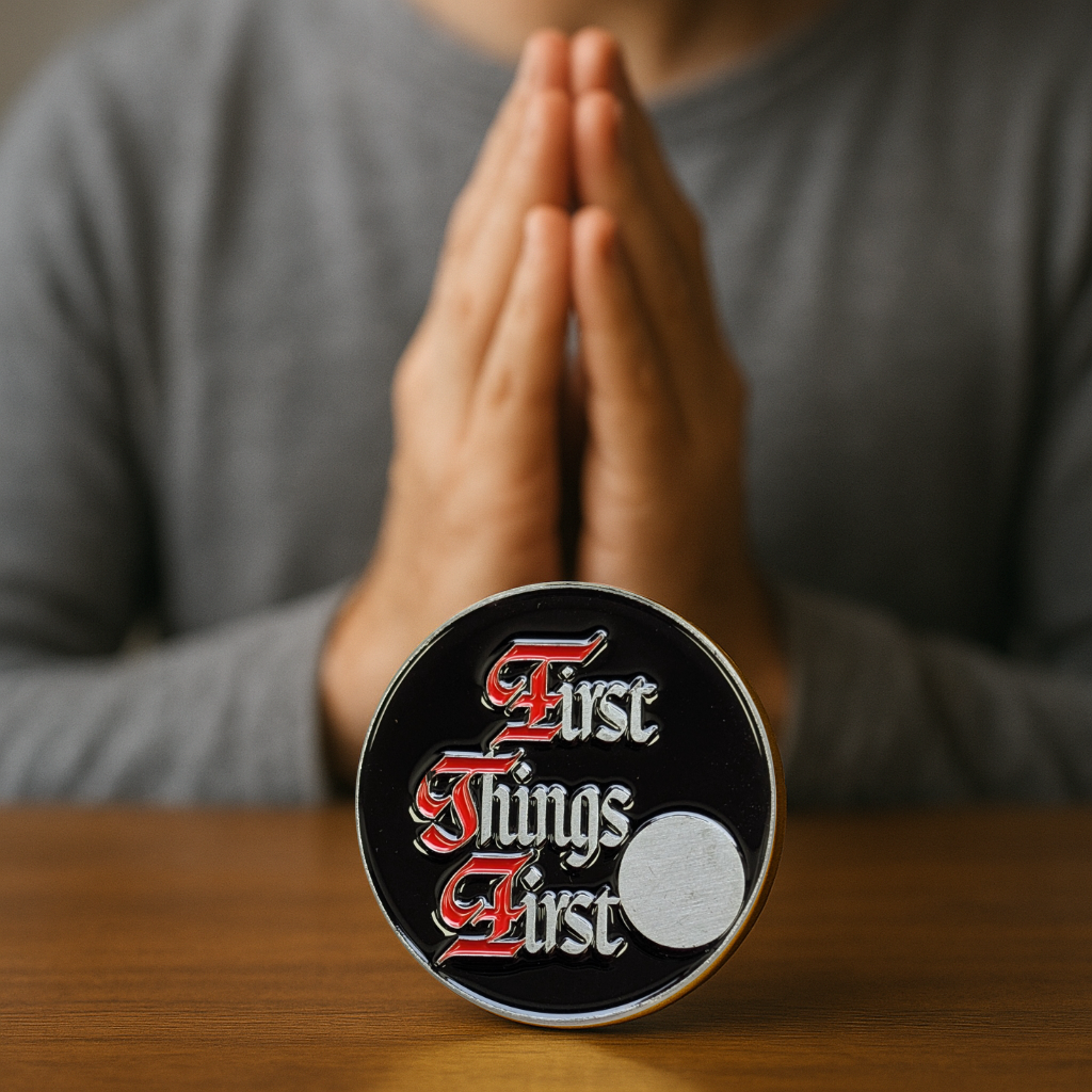 First Things First AA Slogan Recovery Coin – Sobriety Token with Serenity Prayer or Custom Back
