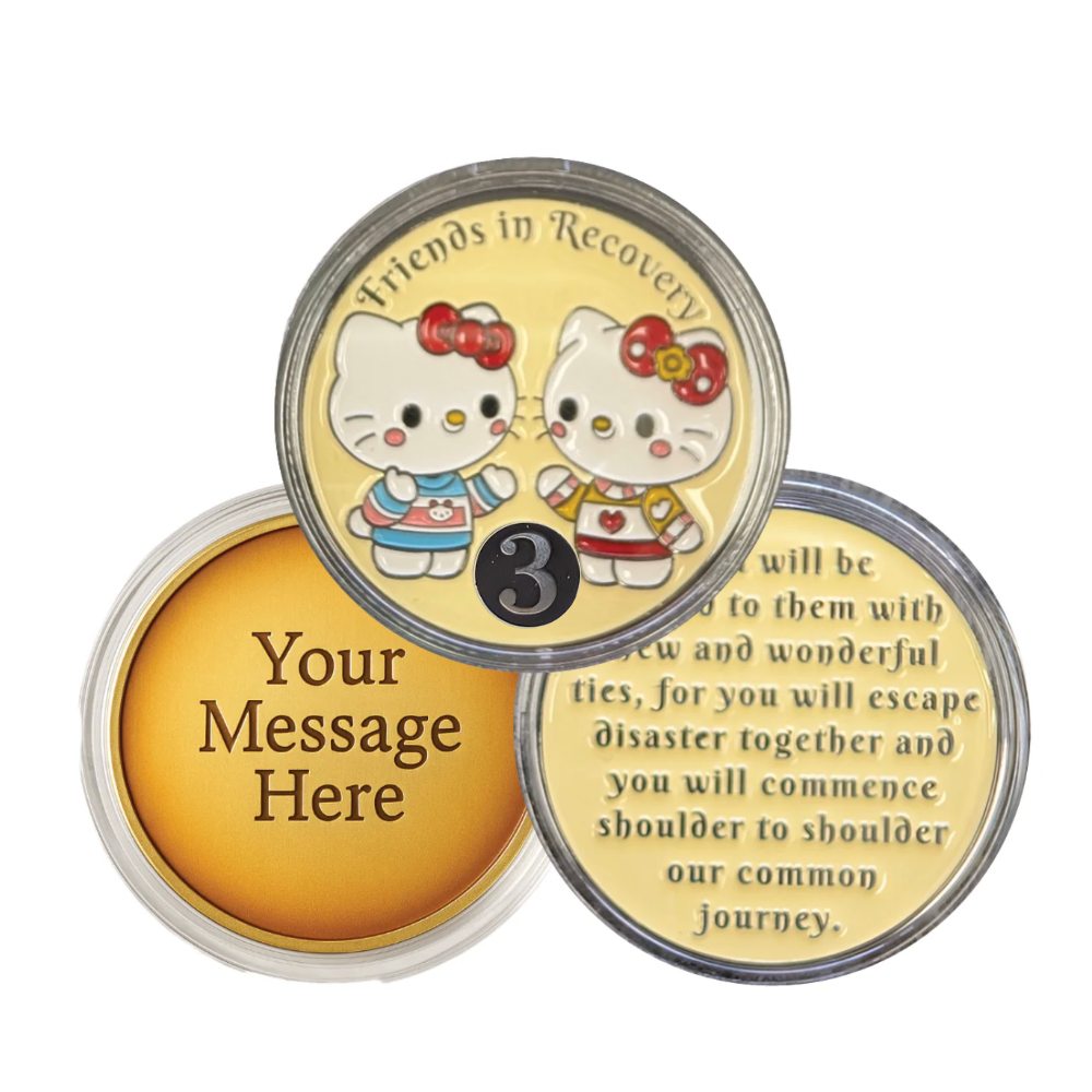Hello Kitty-Style Friends in Recovery AA Coin – Custom Engraving Available on Back