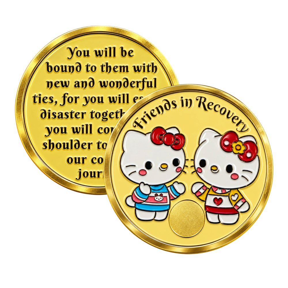 Hello Kitty-Style Friends in Recovery AA Sobriety Coin – Recovery Friendship Gift