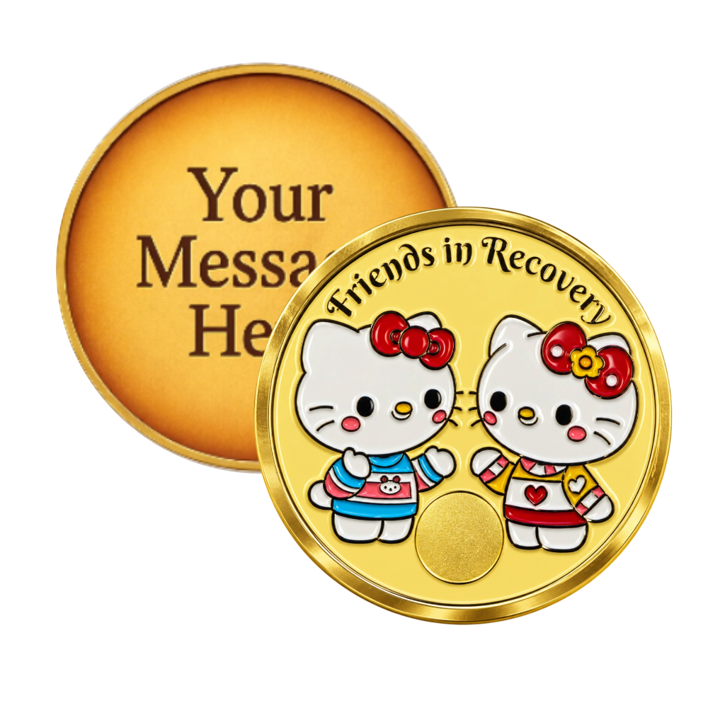 Hello Kitty-Style Friends in Recovery AA Sobriety Coin – Custom Back Engraving | Personalized Recovery Gift