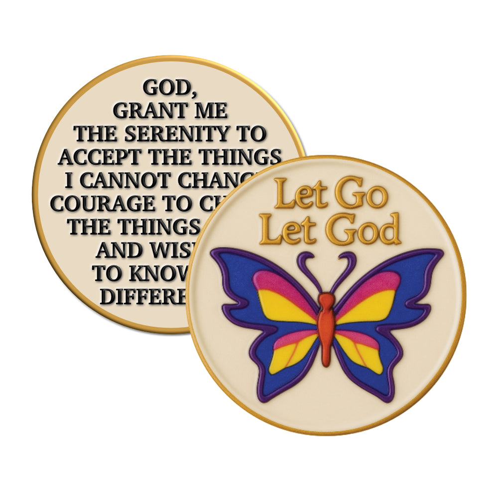 Let Go Let God AA Recovery Chip – Butterfly Design with Serenity Prayer on Back